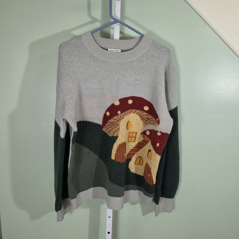 Earthbound Trading Co Mushroom House Intarsia Knit Sweater Women's Size L Gray
